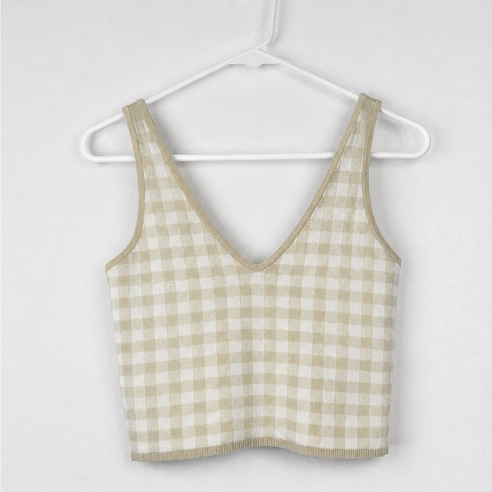 Beige Gingham Knit Crop Tank Top | Soft Girl / Coastal Casual Aesthetic